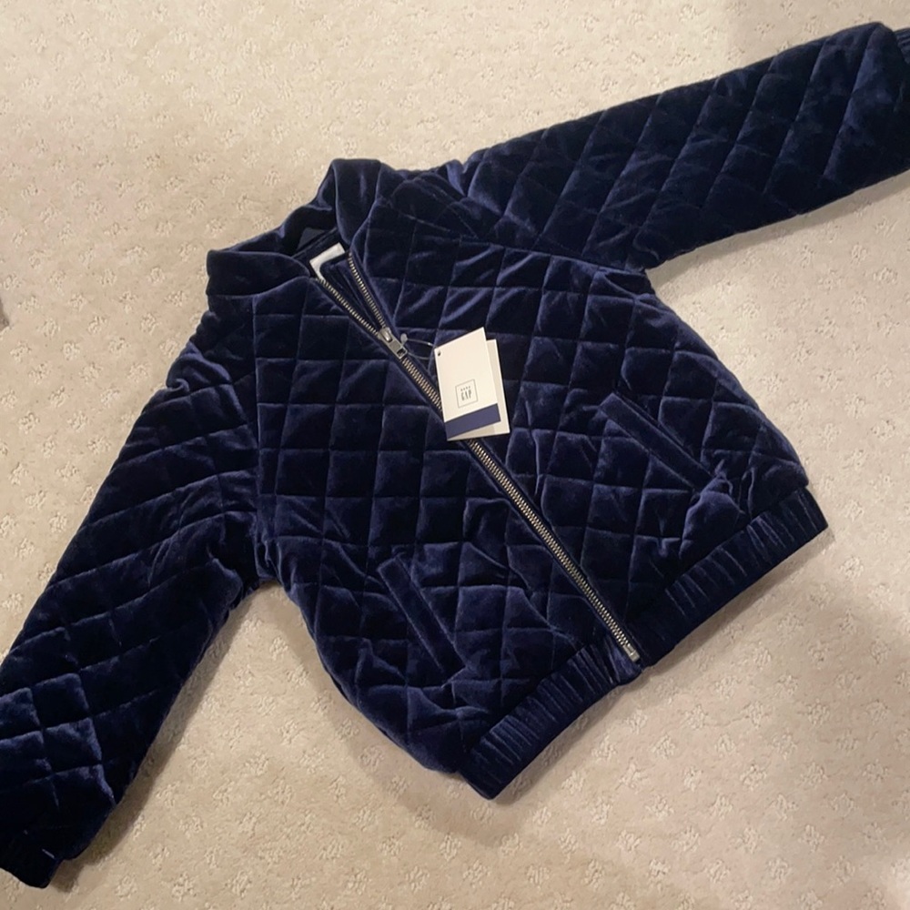 NWT Baby Gap Toddler Girls Size 4-5T Royal Navy Quilted Velvet Bomber Jacket